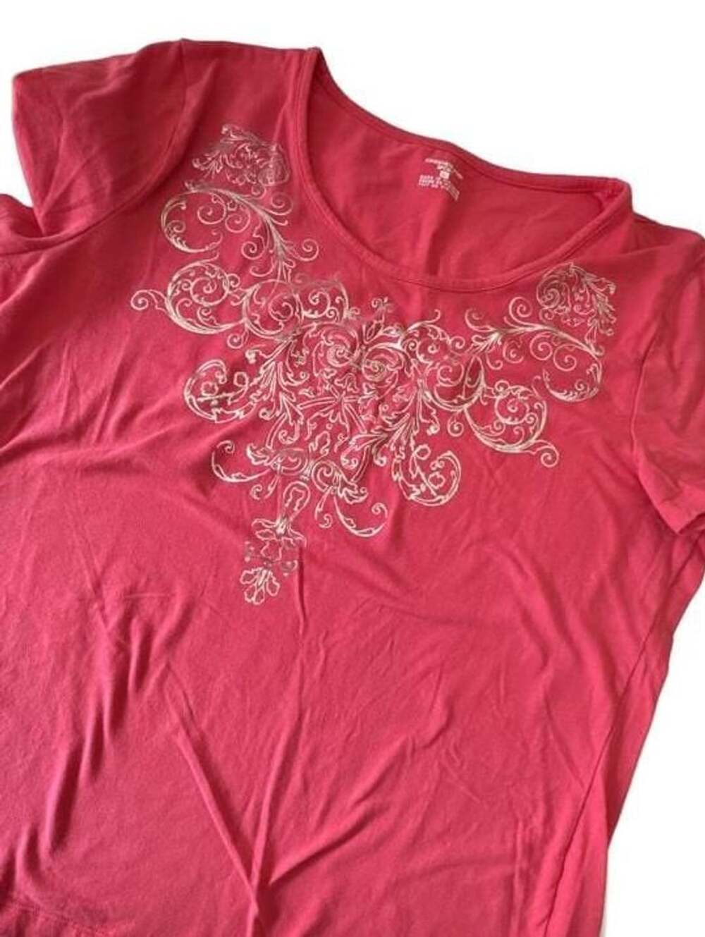Jones New York Sport Pink Graphic T-Shirt with Silver Filigree Design